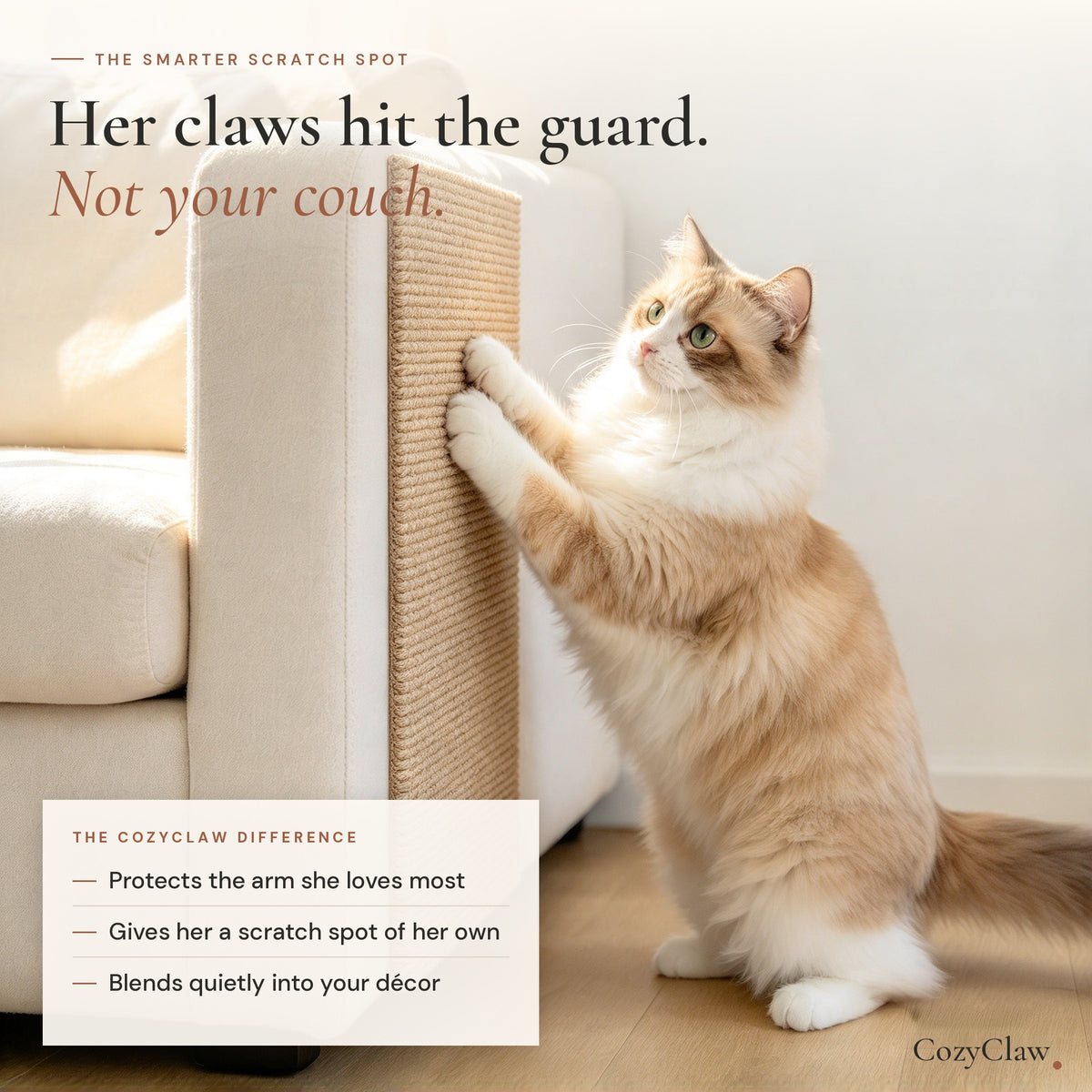 Cat scratching a CozyClaw guard on the sofa arm instead of the couch fabric