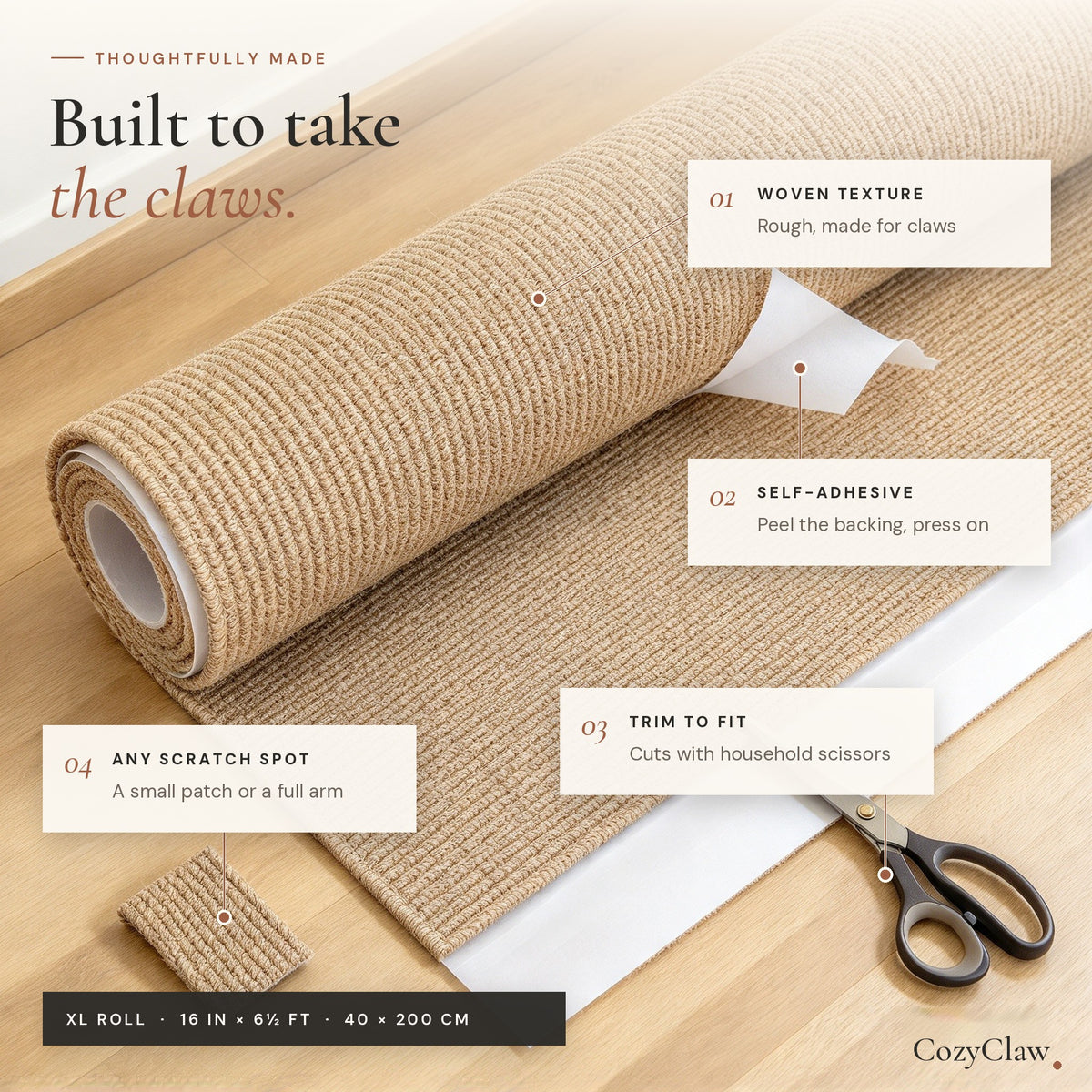 CozyClaw roll features: woven texture, self-adhesive back, trim to fit, 16 in x 6.5 ft