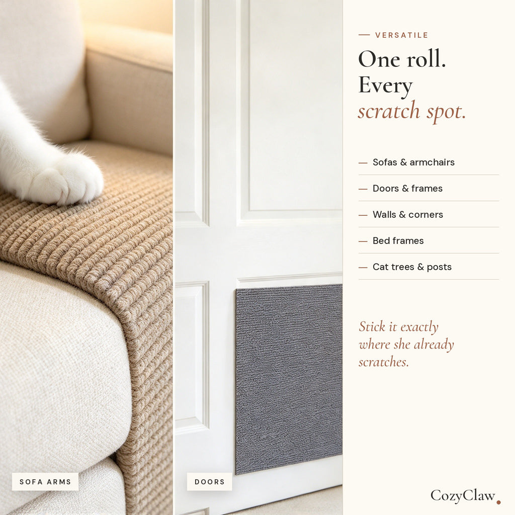 CozyClaw used on a sofa arm and a door: works on sofas, doors, walls, bed frames and cat trees